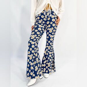 Easel Navy Daisy Bell Bottom Flares